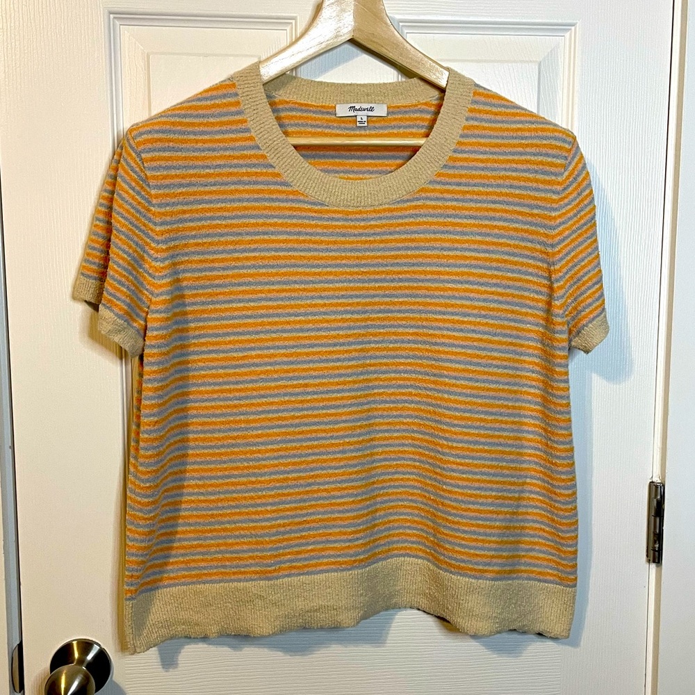 Madewell short sleeve knit ivory sweater w/ blue/orange/pink stripes sz L